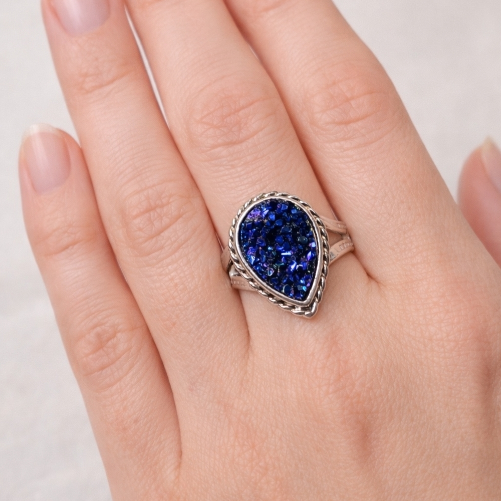 #566 Silver Teardrop Blue Druzy Ring - Women Jewelry